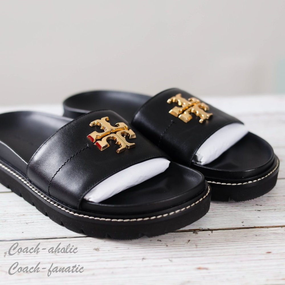 NIB Tory Burch Everly Anatomic Lug Nappa Leather Slide Sandal Size 8 in Black - Picture 6 of 10